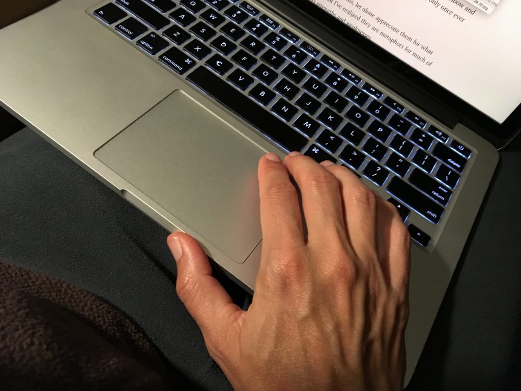Well-veined hands typing at the computer