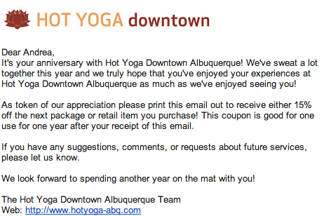 Email from Hot Yoga ABQ